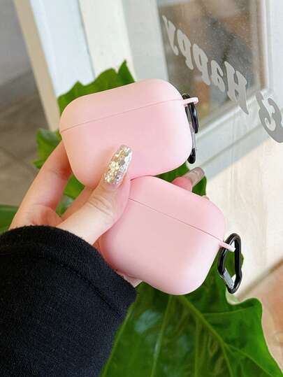 1PC Pastel Pink Silicone Apple Wireless Earbuds Case With Carabiner Shockproof Protective Cover Compatible With Airpod Pro 3 Case/1/2/3/Pro/Pro2 Cute Aesthetic Accessories