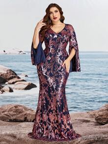 Đầm dạ hội dài tay cổ chữ V phối sequin dáng ôm dành cho nữ cỡ lớn, kiểu đuôi cá thanh lịch, thích hợp cho đám cưới mùa xuân. - Màu xanh hải quân - Xem 6