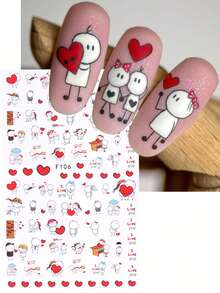 Pegatinas de uñas de San Valentín en 3D 2 piezas con personajes animados de corazones rojos, piano, violín, "Te amo" carta, decoración romántica para boda y vacaciones, autoadhesivas, para salón, decoración de uñas para mujeres y niñas, regalo - Multicolor - Ver 4