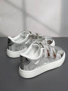 1 Pair Girls' Lace-Up Design Breathable Comfortable Canvas Sneakers, Suitable For Back To School, Student Shoes, Spring/Autumn - Silver - View 6