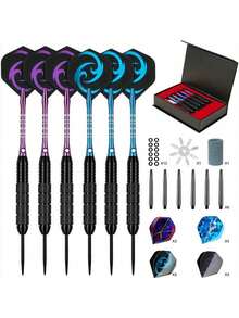 母亲节礼物：12支飞镖豪华礼盒装，含24个镖翼，铁质镖尖搭配铝合金镖杆，骷髅头镖翼，适合室内俱乐部娱乐、体育比赛和休闲户外游戏 - 彩色 - 查看 7