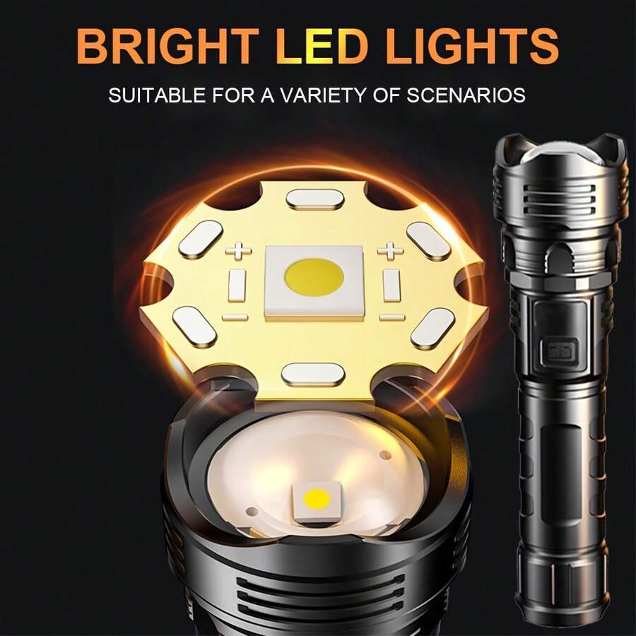 这款可充电手电筒具备3种LED战术照明模式、LCD显示屏、USB充电、高流明、耐用ABS外壳，适用于露营、徒步旅行、紧急情况和日常居家使用。 - 黑色 - 查看 1