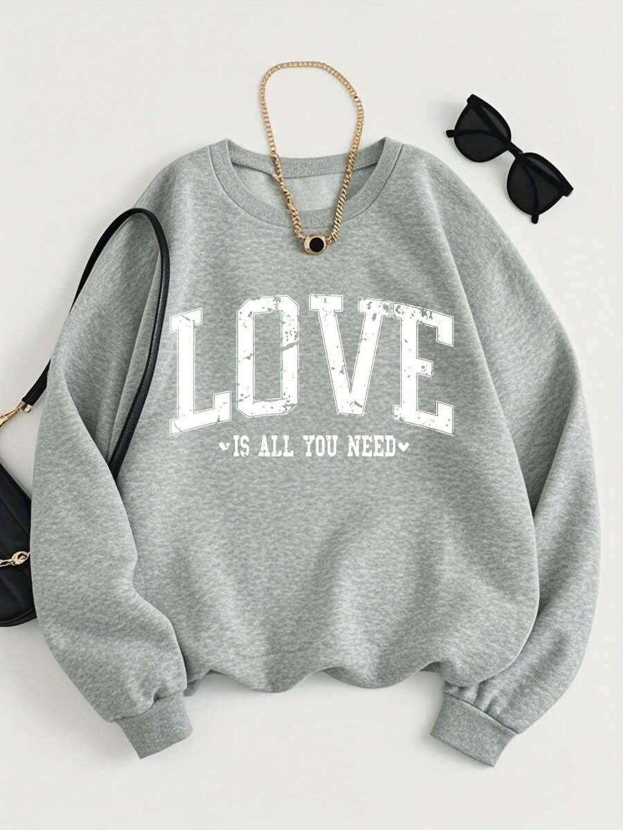 2026 Valentine Outfits For Women Fashion "Love Is Everything" Letter Sweatshirt - Soft And Breathable, Crew Neck For Daily Wear Loose And Comfortable Valentine's Day - 淺灰色 - 查看 1