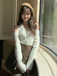 性感露肩挂脖吊带背心，短款针织毛衣上衣 - 白色 - 查看 5