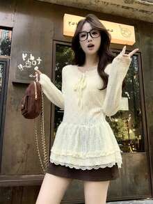 Lace V-Neck Tie Long Sleeve T-Shirt Women, Lace Top Undershirt - Apricot - View 1