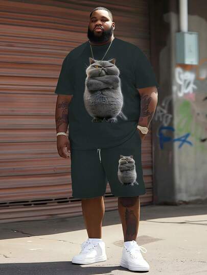 Men's Streetwear Casual Cartoon Series "Fluffy Blue Cat" Pattern Design Tracksuit - Polyester Knit Fabric, Round Neck Design, Drawstring Shorts, Pocket Details, Regular Fit, Suitable For Plus Size