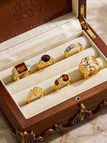 Bộ 6 chiếc nhẫn đeo đốt ngón tay hình học mạ vàng mờ, nhẫn đính đá nhựa có thể xếp chồng lên nhau, phù hợp cho nữ đeo hàng ngày, dự tiệc, hẹn hò hoặc làm quà tặng. - Vàng - Xem 2