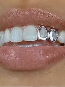 1pc Hollow Heart Dual-Tone Grillz, Shiny Hiphop Teeth Jewelry Accessory For Daily Wear - Silver - View 1