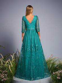 Anpoket 新款圆领刺绣撞色蕾丝钉珠晚礼服，优雅女士连衣裙 - 薄荷藍 - 查看 2