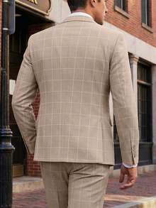 Mens 3 Pieces Suit Set Plaid Slim Fit  Checked Casual Tuxedo Formal Suits For Men Wedding Business Party Blazer Vest Pant - Beige - View 3