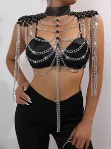 DEKUNER 1pc Gothic Style Sexy Black Spaghetti Strap Metal Tassel Chain Body Chain, Luxury Shoulder Chain, Fashion Queen Party Outfit - Black - View 4