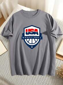 New USA Basketball T-Shirt, Mens Womens Black White Shirt Y2K -Round-Neck T-Shirt,Everyday Casual Cotton T-Shirt,Lightweight Summer Fall Shirt, Year-Round Essential Sweatshirt Loose Tee,New Years Outfit Women Winter Clothes For Women,Graphic Tee - Grey - View 13