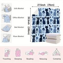 1pc Flannel Soft & Cozy Throw Blanket, Light Blue Base With Handpainted Cartoon Cats & Floral Pattern (Includes Cute Cartoon Cats In Light And Dark Blue, Decorative Floral Patterns, Creating A Fresh And Gentle Atmosphere), Ideal For Bedroom, Sofa Decor, Cartoon Cat Lover Gift - Multicolor - View 7