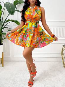 AIJ Amarilo Women's Tropical Leaf Print Sleeveless V Neck Fit & Flare Mini Dress – Ideal For Spring Break Carnival Costume, Brunch, Beach Vacation & Casual Daily Wear - Orange - View 5