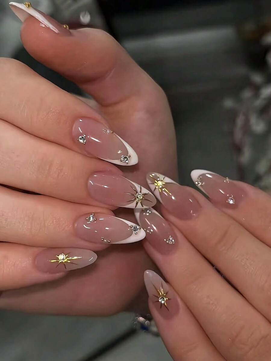 24片法式美甲贴纸，中号杏仁形，金色闪粉装饰，3D水钻设计，简约Y2K风格，表面光滑，全覆盖，适合女性和女孩日常佩戴。 - 彩色 - 查看 1