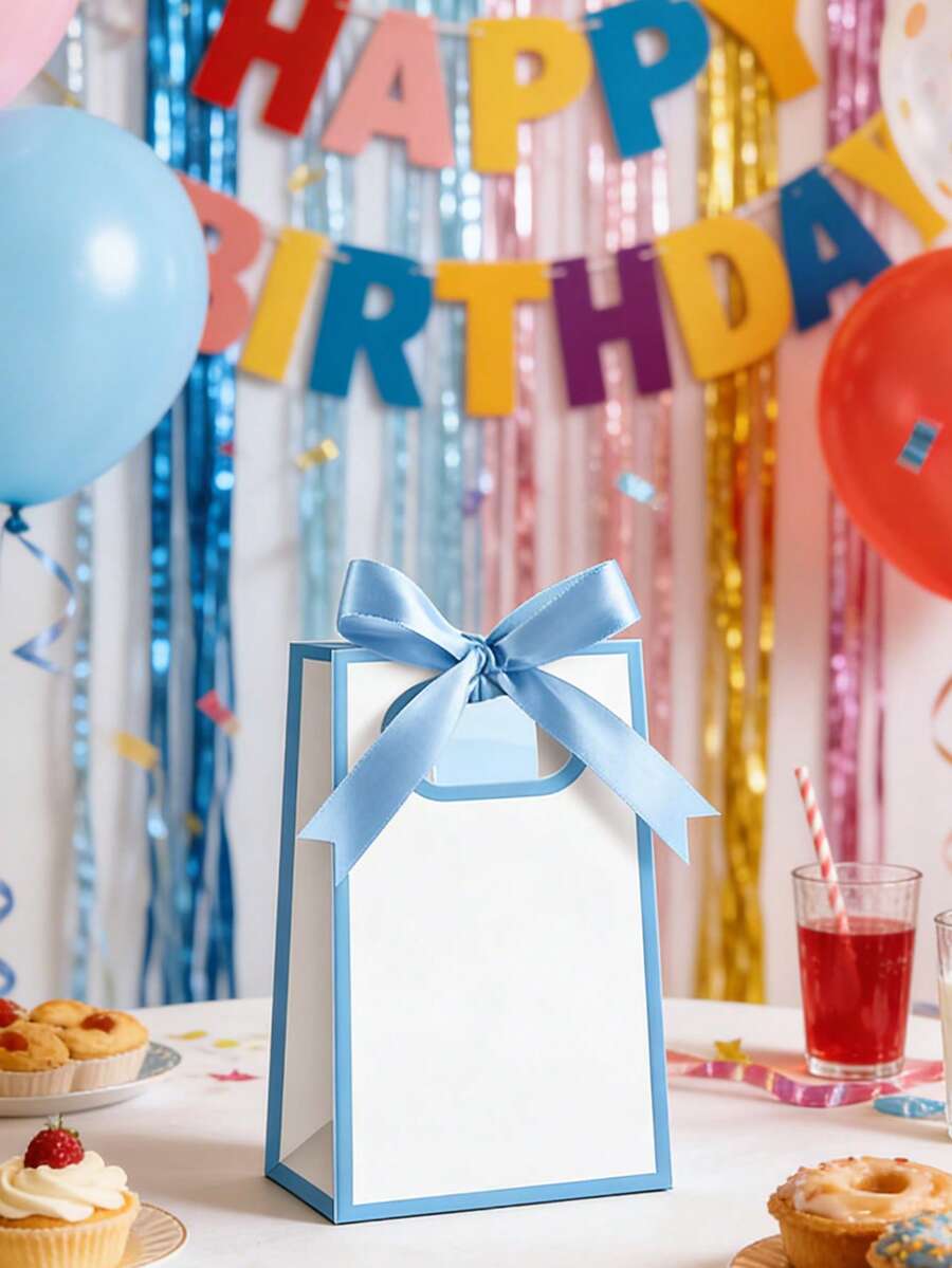 3个/套 白色派对礼品袋，蓝色滚边，优雅礼品袋，带提手和丝带蝴蝶结，适用于婚礼、生日、新娘送礼会、情人节礼物、礼品包装、送给女朋友的礼物、摄影道具，简约实用。 - 彩色 - 查看 1