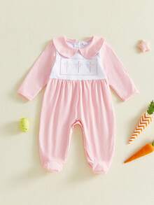 Pelele de manga larga con cuello de muñeca y bordado de cruz para bebé niña de Pascua, ropa bonita para festivales de ocio, ideal para 0 a 12 meses - Rosa - Ver 6