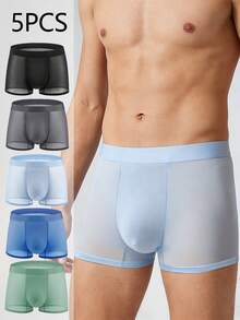 5pcs/Pack Men's Solid Color Casual Briefs, Elastic Sports Icy Silk Shorts, Daily Casual Underwear, Solid Color Semi-Sheer Briefs, Homewear Underwear, Men's Gift, Creative Men's Gift, Valentine's Day, Personalized Gift - Multicolor - View 11