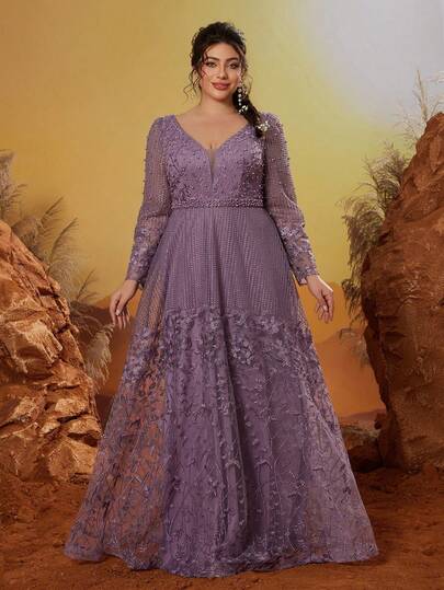 Vestido largo de tul con escote en V, manga larga, bordado floral lila, con cuentas y línea A, elegante vestido de verano para mujer para boda, baile de graduación, fiesta y festival, talla grande