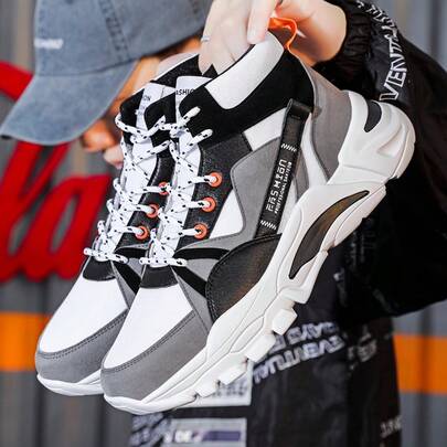 Men's Front Lace-Up Letter Print Colorblock High Top Sneakers, Fashion Casual Sports Running Shoes, Versatile & Comfortable