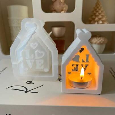 DIY Clay Mold LOVE Hollow House Shape Small Night Light Candle Holder Decor Resin Mold, Small House Shaped Plaster Silicone Mold