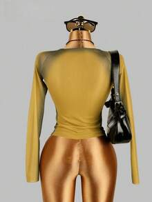 Top de manga larga con gráfico y malla en color verde sexy para mujer, ideal para festivales y conciertos - Amarillo - Ver 2