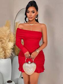 Amarilo Women's Elegant Off Shoulder Ruched Ruffle Hem Bodycon Mini Dress – Perfect For Summer Party, Valentine's Day, Wedding Guest & Carnival Events - Red - View 6