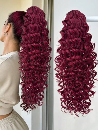 Claw Shaped Ponytail Extension Hair Accessory Wine Red 20 Inch Deep Wave Heat-Resistant Fiber Synthetic Ponytail Wig, Suitable For Women's Christmas, Halloween, Music Festivals, Parties, And Daily Use