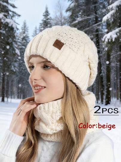 冬季针织帽围巾套装，男女通用防寒保暖针织帽带耳罩，冬季无檐帽围巾套装（5种颜色：卡其色/粉色/灰色/白色/黑色）