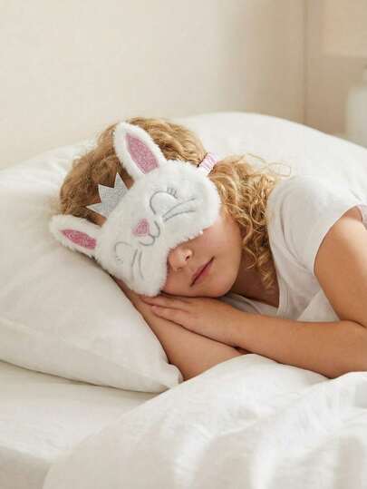 1pc Plush Crown Rabbit Sleep Eye Mask, For Children 8+ Years Old, Teens And Adults, Adjustable Satin Eye Shade For Sleeping, Napping, Travel, Ice/Heat Therapy