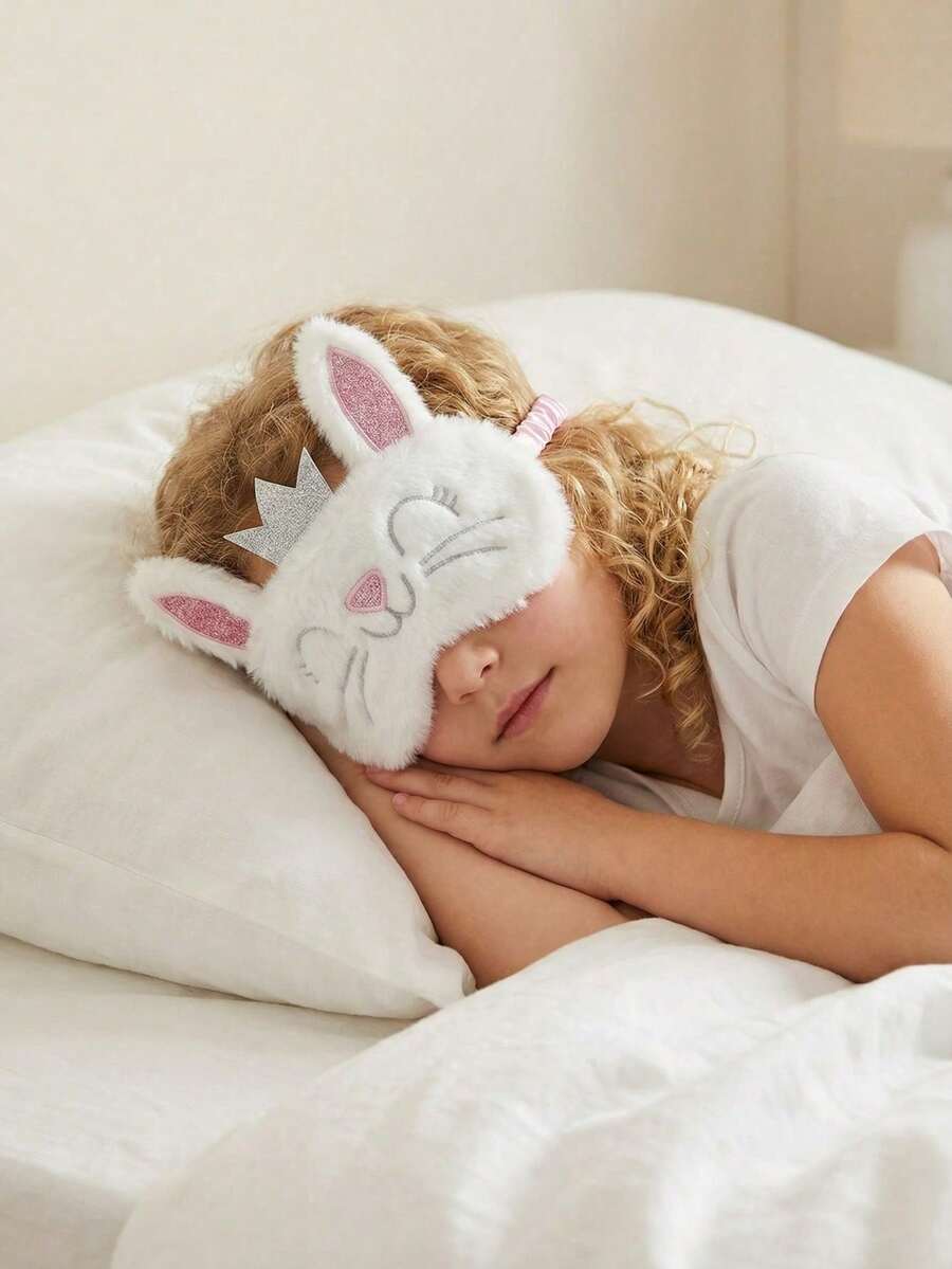 1pc Plush Crown Rabbit Sleep Eye Mask, For Children 8+ Years Old, Teens & Adults, Adjustable Satin Eye Shade, Sleeping Mask, Suitable For Napping, Airplane Travel, Hot/Cold Therapy - White - View 1