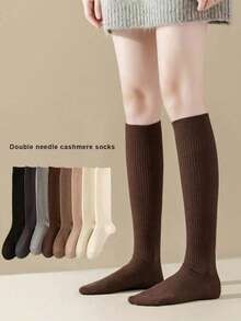 1 Đôi tất cao đến đầu gối có gân bằng cotton trơn màu dành cho nữ, phong cách tối giản thời trang dành cho học sinh - Nhiều màu - Xem 1