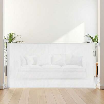 Einziehbares Babygitter Hundegitter ausziehbar auf 143 Breite / 795 mm Höhe, Treppenschutzgitter mit Sicherheitsschloss, Schutzgitter aus Netzgewebe für Treppen Flure drinnen/draußen, Weiß