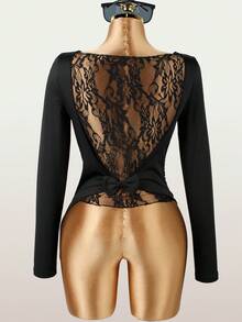 Casual Spring Outfits Women Black Tops Going Out Outfit Long Sleeve Tops Asymmetrical Top Sheer Lace Modest Tops - Black - View 5