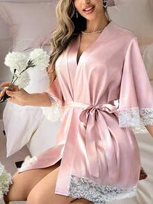 Satin Lace Trim Women's Robe, Bridal Robe Bridesmaid Gift, Lace Tie Waist Casual Robe, Summer Robe, Back To School Robe - Black - View 8