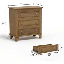 3 cajones, cajones de almacenamiento de madera con manijas metálicas exquisitas, pequeño gabinete de almacenamiento, moderno diseño para dormitorio, sala de estar, pasillo, entrada - Marrón - Ver 2