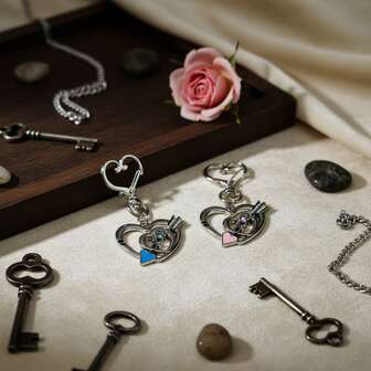 2pcs Heart & Arrow Design Keychains, Classic Pink & Blue Color With Rhinestone Accents, Excellent For Valentine's Day, Suitable As Bag Charms, Key Chains, Gifts, Adding Festive Atmosphere, Life Accessories