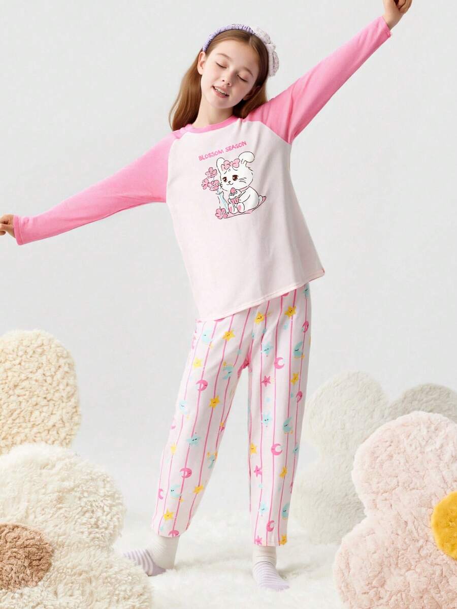 Balabala 2pcs/Set Tween Girls' Spring New Cotton Cartoon Print Raglan Sleeve Top And Pants Pajama Set - Pink - View 1