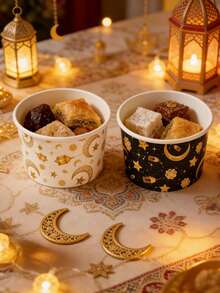 Black & Gold Paper Moon & Star Cups, Disposable Paper Bowls, Moon & Star Lantern Pattern Paper Food Trays, Suitable For Kitchen Supplies, Family Gatherings, Picnics, Restaurants, Middle Eastern Holiday Parties, Crescent Moon Themed Parties Decoration - Multicolor - View 8
