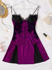 金属箔闪亮链条性感内衣吊带睡衣 - 中紫紅色 - 查看 7