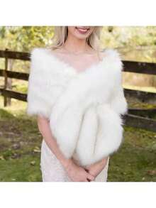 1件柔软仿毛皮新娘披肩，加厚保暖优雅，适合搭配婚纱，也适合日常、婚礼、派对活动，防风，可作晚礼服或围巾。