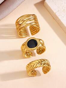 3pcs/Set Stainless Steel Black Drip Oil Geometric Line Open Ring, Suitable For Women Everyday Wear - Multicolor - View 2