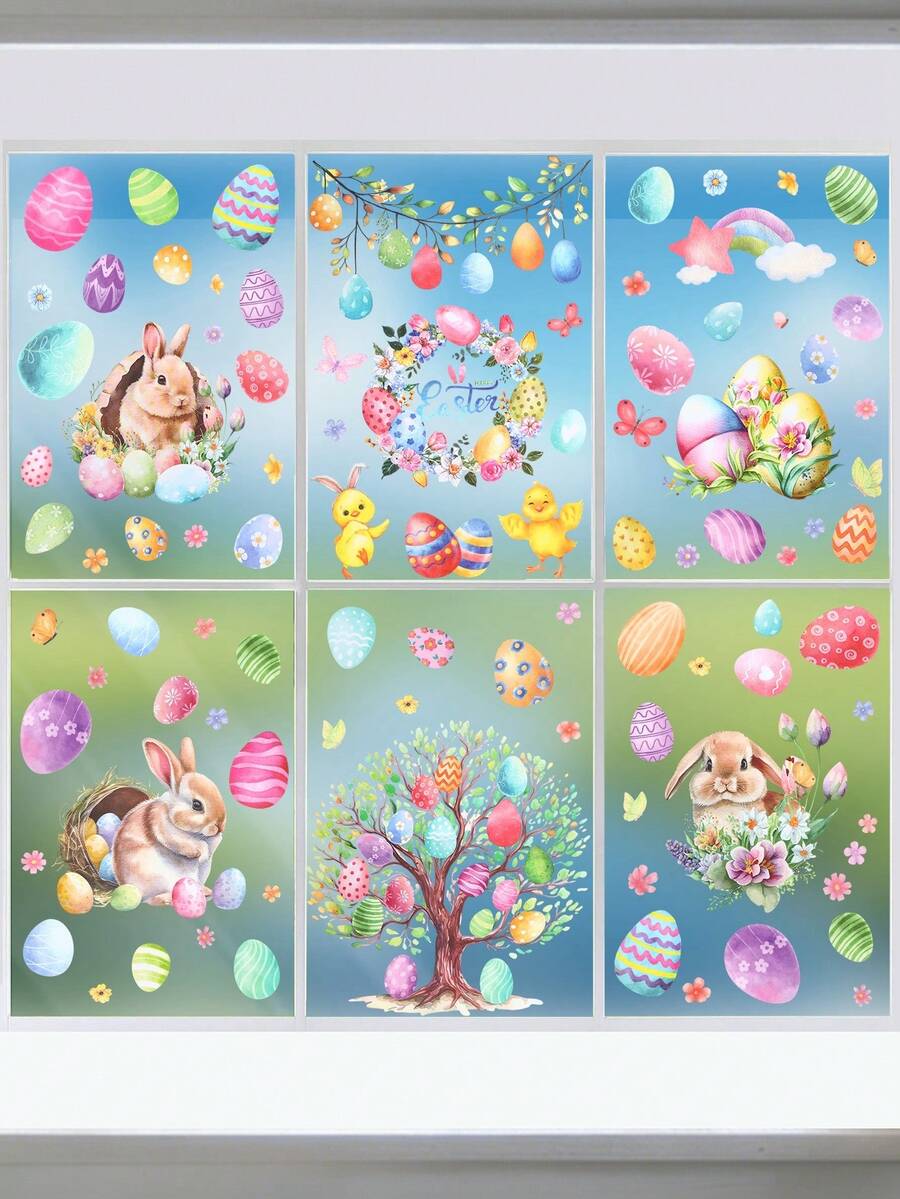 9sheet Easter Window Stickers,Watercolor Bunny & Easter Egg Pattern Window Clings,Removable PVC Stickers,Easter Window Decoration,Walls Decor,Easter Decoration,Easter Day Party Supplies,Easter Egg Hunt Party Supplies,Room Background Decor,Home Decor,Door & Window Decor,Happy Easter Day Decor,Easter Self-Adhesive Stickers,Easter Gifts