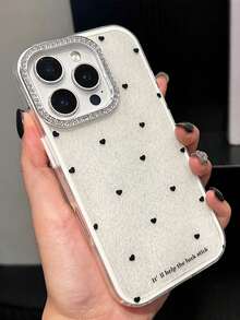 1pc Luxury Rhinestone Glitter Heart Design Phone Case, Compatible With Iphone 15 Pro Max, 14 Pro Max, 16 Pro Max, 13 Pro Max, Shockproof Protection - White - View 1