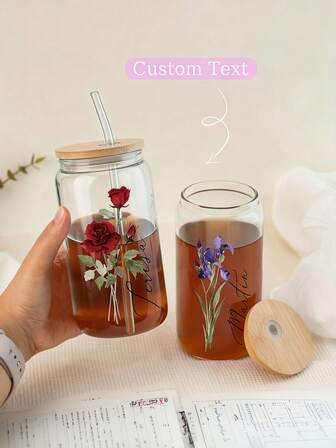 Personlig iskaffekopp med anpassad blomdesign - Eleganta blommönster och kursiv bokstäver, återanvändbar vattenflaska för alla årstider för bröllop, födelsedagar