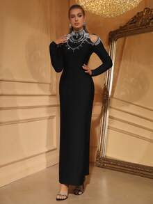 女士黑色晚礼服，奢华优雅正式礼服，露肩长袖，饰以水钻，适合新年、婚礼宾客、节日、婚宴、正式场合 - 黑色 - 查看 3