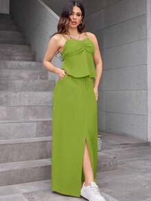 REF: AS1448 Women's Two-Piece Suit, High-Waisted Skirt And Suspender Top With Adjustable Straps, Chic, Elegant And Modern Style, Casual And Sophisticated Look For Spring And Summer, Vibrant Colors, Elegant Women's Suit For Modern Women - 綠色 - 查看 5