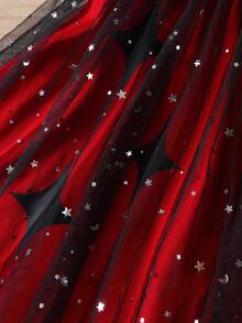 Young Girl' Contrast Mesh Shawl Strap Mesh Dress, Spring/Summer - Red and Black - View 10