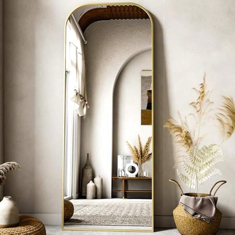 56x21 Inch Full Length Mirror - Large Floor Standing & Wall Mountable Full Body Mirror With Sturdy Aluminum Frame, Arched Top Design, Freestanding Or Hanging For Bedroom, Living Room, Cloakroom,Gold,2-In-1 Leaning Wall Mirror ,Bedroom Floor Standing Mirror - 香檳色 - 查看 1