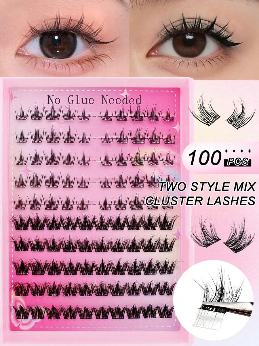 100片C型卷翘自粘假睫毛簇，2种混合卡通款式，无需胶水，隐形胶带 - 更持久，不留粘性残留物，预粘假睫毛 - C - 查看 1